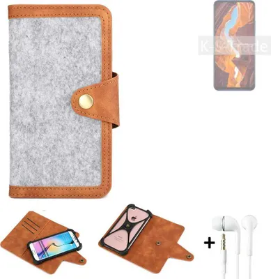 Produktbild von K-S-Trade Handyhülle + Kopfhörer kompatibel mit Wiko 10 Schutzhülle Filz Hülle Kunstleder hellgrau braun (1x)