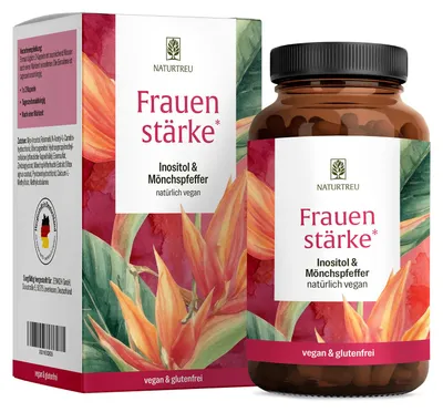 Produktbild von PMS Komplex mit Mönchspfeffer & Inositol - FRAUENSTÄRKE - 90 vegane Zyklus Kapseln - NATURTREU®