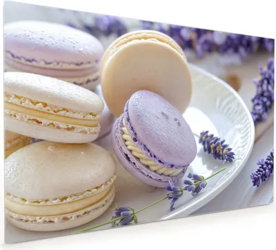 Produktbild von Küchenrückwand Spritzschutz Glas mit Motiv Lavendel Macarons 40 x 40 cm