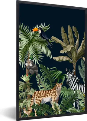 Produktbild von MuchoWow® Gerahmtes Poster Dschungel - Pflanzen - Tiere - Kinder - Flamingo - Zebra 40x60 cm - Poster mit Schwarzem Bilderrahmen Wandposter Rahmen Foto Bilder - Papierdruck - Wandbilder