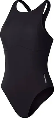 A black Speedo women's swimsuit is shown against a white background.