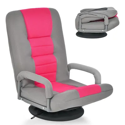 A floor chair with armrests and a 360-degree swivel base, shown from a diagonal angle. A smaller inset image shows the chair folded.