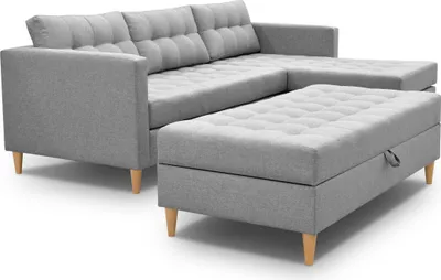 Image de 3xEliving Canapé d'angle MALORY - Canapé-lit moderne avec pouf, en gris clair, pieds en bois, ottomane réversible, largeur 220 cm, 6 variantes de couleur