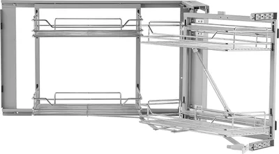 A blind corner pull-out organizer with two tiers and four shelves, designed for kitchen storage.