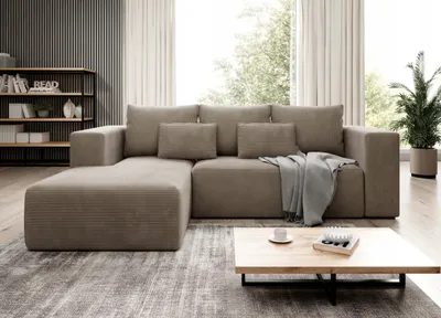 Produktbild von Easy4You Ecksofa Beige Stripes L Kord L-Form – 255x73x161 cm - Schlafsofa mit Bettkasten und Schlaffunktion - Eckcouch mit Stauraum – Stoff Kord POSO 02