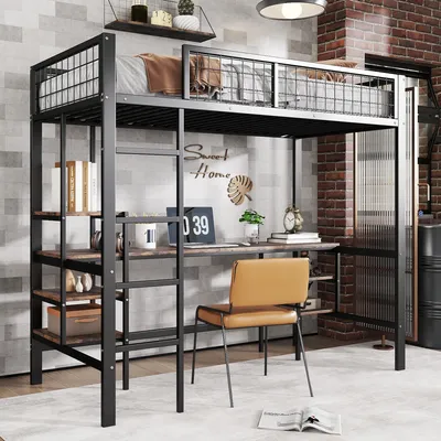 Image de Merax Lit superposé 90x200 avec table et étagère, Design peu encombrant pour enfants et adolescents, Avec échelle à 4 marches et rampe de sécurité - Noir