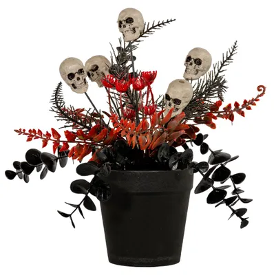 Produktbild von Schwarz-Rote Kunstpflanze mit Totenköpfen 23cm