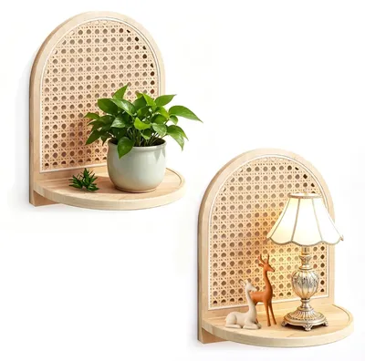 Productafbeelding van Omgoods - Set van 2 Zwevende Rotan Planken voor Wanddecoratie