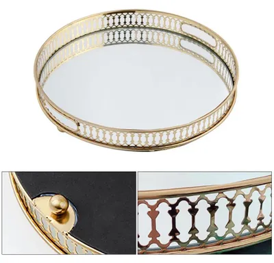 Image de Plateau à parfums et bijoux - Plateau à miroir - Verre miroir - Métal - Art déco - Taille moyenne - Rond/octogonal - Pour parfums, cosmétiques et bijoux - Doré