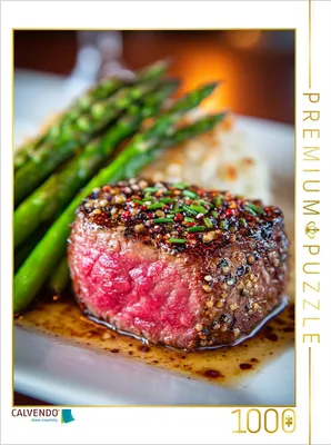 Produktbild von CALVENDO Puzzle Zartes Rinderfilet mit grünem Spargel und würziger Kruste | 1000 Teile Lege-Größe 64x48cm Foto-Puzzle für glückliche Stunden
