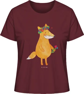 Produktbild von Mr. & Mrs. Panda Damen T-Shirt Fuchs Blumen Größe L - Burgundy - Geschenk, Basic, Kurzarmshirt, Oberteil, Blumenliebe, Ich, Boho, Shirt, Baumwoll, Freundin