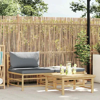 Produktbild von vidaXL 3-tlg. Garten-Lounge-Set mit Dunkelgrauen Kissen Bambus
