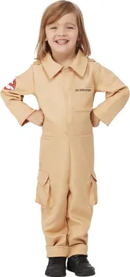 A young child wearing a Ghostbusters costume.