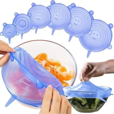 Zdjęcie produktu dla Zestaw 6 silikonowych pokrywek Unyqoos® – wielokrotnego użytku, elastycznych, szczelnych i neutralnych zapachowo, odpowiednich do użytku w piekarniku, mikrofalówce i zamrażarce, pasujących do szklanych, ceramicznych, stalowych i plastikowych naczyń