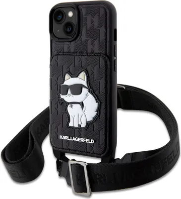 A black iPhone case with a Karl Lagerfeld Choupette cat design and a crossbody strap.