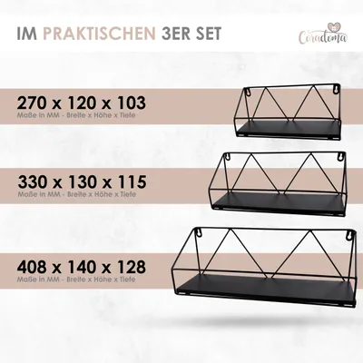 Produktbild von Coradoma, 3er-Set Wandregale, Metall und Holz, Schwarz. Maße: 27x10.3x12 cm (klein), 33x11.5x13 cm (mittel), 40.8x12.8x14 cm (groß). Für Wohnzimmer, Flur, Schlafzimmer, Bad, Büro, Küche, als Gewürzregal oder Organizer. Fertig verbaut, inkl. Dübel und Schrauben.