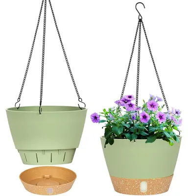 Obrázek produktu pro Sada dvou závěsných květináčů, zelená barva, rozměr 20,3 cm, s drenážním otvorem a háčkem, vhodná pro použití v interiéru i exteriéru