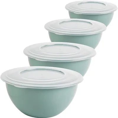 Produktbild von 4er Set Kunststoff Salatschüssel Rührschüssel Pastellgrün mit Deckeln 5 Liter