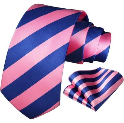 Productafbeelding van Herenset: gestreepte das en zakdoek, blauw en roze, jacquard geweven, 8,5 cm