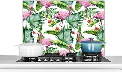 Obrázok produktu pre KitchenYeah® Kuchynský splashback - Kuchynský splashback - Ochrana steny sporáka a drezu - Listy - Plameniak - Kvety - Džungľa 80x55 - Alu-Dibond (alternatíva skleneného splashbacku) - Tepelne odolný