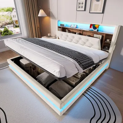 Produktbild von MODFU Doppelbett 160 x 200 mit Bettkasten,Jugendbett mit LED und gepolsterte Kopfteil,hydraulischer Polsterbett aus Samtbezug,Bettgestell mit Matratze,Beige