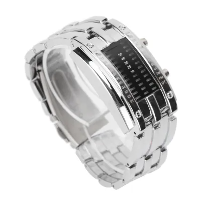 A silver LED digital watch is displayed against a white background.