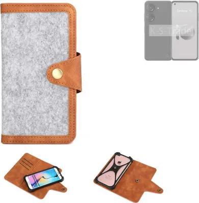 Produktbild von K-S-Trade Handyhülle kompatibel mit Asus Zenfone 10 Schutzhülle Filz-Hülle Kunst-Leder hellgrau braun (1x)