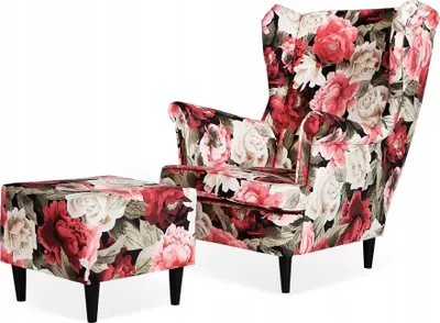 Produktbild von Family Meble Ohrensessel mit Hocker Print Relaxsessel Skandinavisch Bequemer Sessel Loungesessel Fernsehsessel Wohnzimmer Schlafzimmer Büro (FLOWER 1)