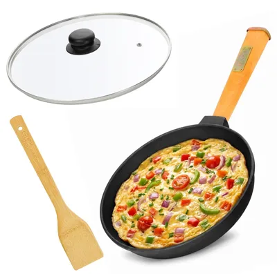 Produktbild von Ø24cm Pfanne aus Gusseisen mit Holzgriff 50mm hoch abschraubbar Glasdeckel Gusseisenpfanne Bratpfanne Steakpfannen Cast Iron Pan Feuerpfanne alle Herdarten Induktion Pfannenwender