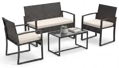 Produktbild von KOMFOTTEU 4-teilig Gartenmöbel Set, Balkonmöbel aus Polyrattan mit Glas-Couchtisch, 2 Sesseln & Zweisitzer, Terrassenmöbel mit Sitzkissen für 4 Personen für Terrasse, Garten & Balkon