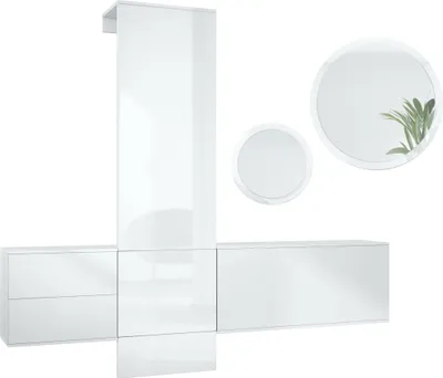 Produktbild von Vladon Garderoben-Set DualVista, bestehend aus 1 Garderobenpaneel, 1 Schubkastenschrank, 1 Schrankmodul und 2 Spiegel, Weiß matt/Weiß Hochglanz