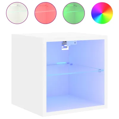 A white cube-shaped cabinet with a glass shelf, illuminated by blue LED lights. Above the cabinet are four circular swatches showing different light colors: white, pink, green, and a color spectrum.