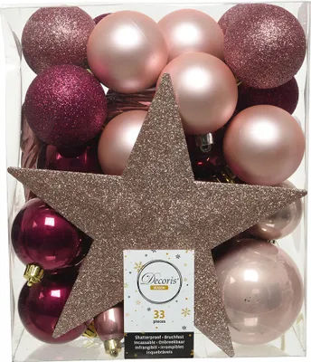 Produktbild von Weihnachtskugeln mit Christbaumstern Kunststoff rosa / beere, 33er Set