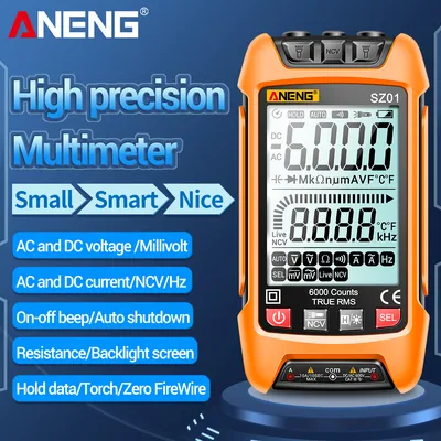 Obrázok produktu pre ANENG SZ01 Inteligentný digitálny multimeter 6000 počtov Automatický rozsah True RMS NCV Univerzálny merač Ručný multifunkčný tester Voltmeter Ampérmeter s podsvietením Baterka AC/DC Napätie a prúdový odpor Meranie frekvencie