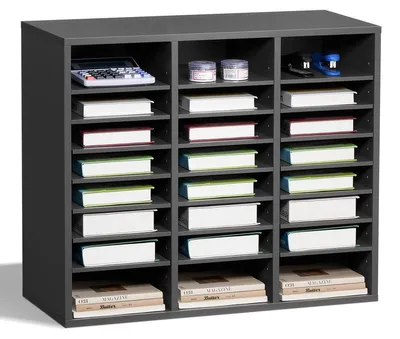 Produktbild von Dokumentenablage mit 5 Fächern und verstellbaren Einlegeböden, Aktenhalter/Briefablage aus Spanplatte und MDF, Aufbewahrungslösung für Büro/Klassenzimmer, grau