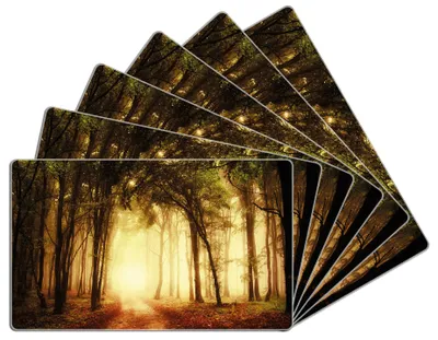Produktbild von Wallario Frühstücksbrettchen 6er Set aus Glas, je 14 x 23 cm, mit rutschfesten Füßen, Motiv Sonnenuntergang auf dem Waldweg