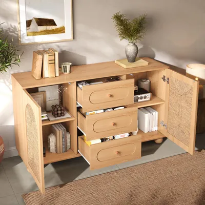 Obrázek produktu pro Komoda Okwish s třemi zásuvkami a dveřmi z provázkové struktury, skříň do obývacího pokoje, dvoudveřový design, s kulatými nožkami, vhodná do obývacího pokoje