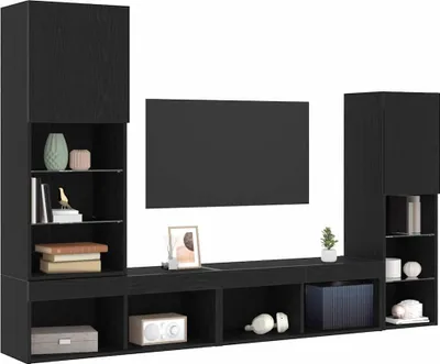 A black TV stand unit with multiple shelves and cabinets, displayed against a white background.