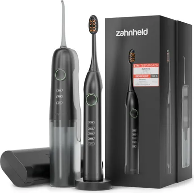 A set of an electric toothbrush and a water flosser, presented in a dark box with promotional material.