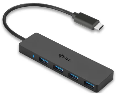Produktbild von i-tec Advance USB-C Slim Passive HUB 4 Port, USB 3.2 Gen 2 (3.1 Gen 2) Type-C, USB 3.2 Gen 1 (3.1 Gen 1) Type-A, 5000 Mbit/s, Schwarz, 0,2 m, Apple MacBook 2015, Chromebook Pixel 2015, Acer Switch Alpha 12, Dell XPS 13, HP EliteBook Folio G