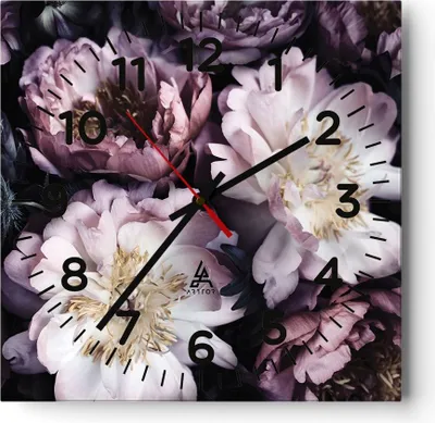 Produktbild von Wanduhr - Quadrat - Glasuhr - Pfingstrosen Veilchen Blumen - 30x30cm - Schleichendes Uhrwerk - Lautlos - zum Aufhängen bereit - Dekoration Modern - Wanddekoration aus Glas - C4AC30x30-5076