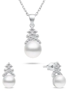 Produktbild von Charmantes Silber Perlenschmuck Set SET238W (Ohrringe, Halskette)