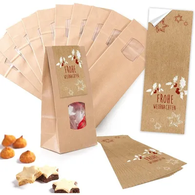 Produktbild von 10 Stück kleine braune Block-Bodenbeutel MIT FENSTER + Pergamin-Einlage 10,5 x 6,5 x 29 cm + 10 beige weiße WUNDERBARE WEIHNACHTEN Weihnachts-Aufkleber - Papiertüten lebensmittel-echtMistelzweige Braun, Rot, Weiß / 10 Stück