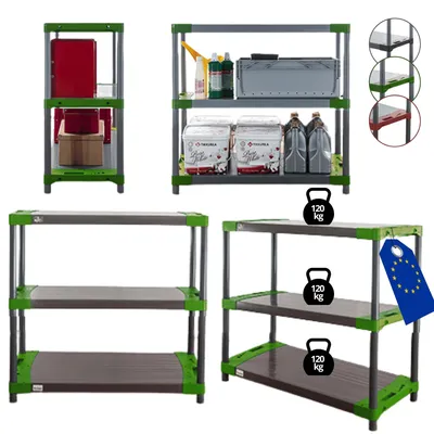 Produktbild von MODO24 Kunststoffregal, 3 Ablagen, 120kg/Boden, Schwerlast, Steckregal, Lagerregal, Plastikregal, Werkstatt, 98x100x46?cm, Grün, JUPITER