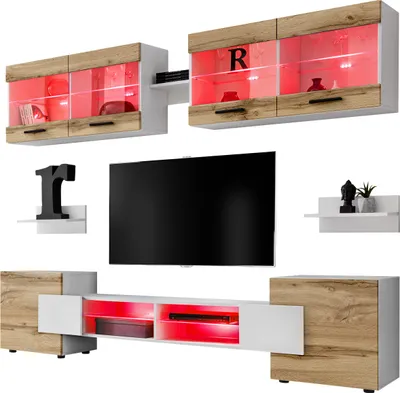 Obrázek produktu pro Nástěnná skříňka, obývací sestava RTV Foggia, korpus bílý matný, barva čela Wotan matný, LED RGB