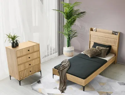 Produktbild von Einzelbett Holz Modernes Kopfteil Kommode Skandinavisches Design Kinderzimmer