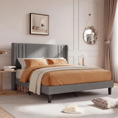 Image de Lit 140 x 200 cm, tissu en lin gris, tête de lit rembourrée, espace de rangement de 15 cm sous le lit, capacité de charge de 360 kg