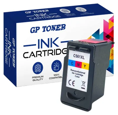 A product shot of a printer ink cartridge and its packaging.