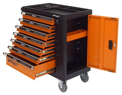 Produktbild von Holmwerk® Werkstattwagen leer 8 Schubladen 84 x 46 x 90 cm orange-schwarz mit Seitentür