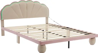 Produktbild von Polsterbett 140x200cm Kinderbett (Ohne Matratze) Beige und Blau Samt Doppelbett Holzbett Mit Lichtstreifen Wellenschliff Mit gepolsterter runden Beine